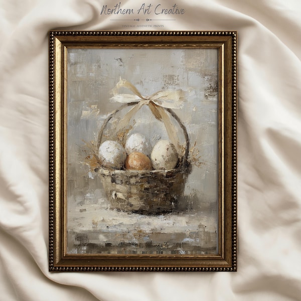 Vintage Easter Eggs Basket Print: Rustic Spring Oil Painting (Printable Wall Art)