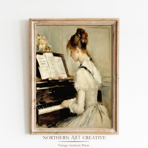 Vintage Woman Playing Piano Wall Art,Antique Art Decor, Victorian Woman Portrait, Farmhouse Rustic Painting, 19th Century Printable Wall Art