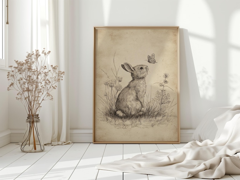 May include: A framed sepia-toned print of a rabbit gazing at a butterfly. The rabbit is sketched in detail, surrounded by grass and wildflowers. The artwork is displayed in a light-colored wooden frame, leaning against a white wall.