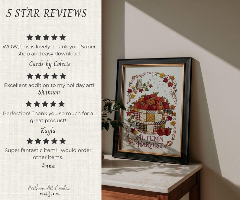 May include: A framed wall art print titled Autumn Harvest featuring a basket of red apples, a small owl, and colorful fall leaves. The artwork is displayed in a black frame with gold trim, showcasing a detailed illustration of seasonal produce.