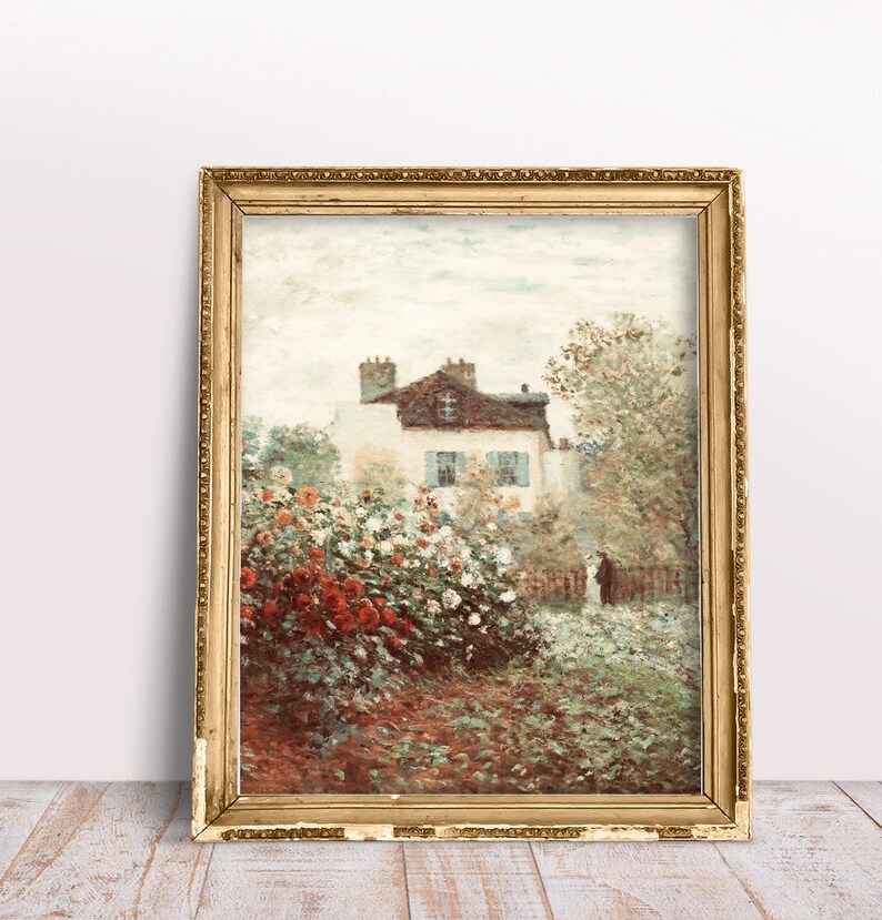 Puede incluir: Una pintura enmarcada que representa una casa con un jard&iacute;n en primer plano. La casa es blanca con un techo marr&oacute;n y tiene algunas ventanas. El jard&iacute;n est&aacute; lleno de flores coloridas y vegetaci&oacute;n. La pintura est&aacute; en un marco dorado.