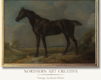 Antique Black Horse Printable Painting | Vintage Farmhouse Wall Decor | Rustic Home Decor |  Animal Print | Equestrian Art Print