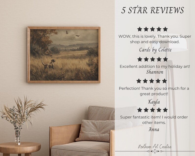 May include: A framed landscape painting with a dog in a field, in a room with a chair and table. The painting has a wooden frame and depicts a dog in tall grass, with trees and a cloudy sky in the background. Text on the right reads "5 STAR REVIEWS".