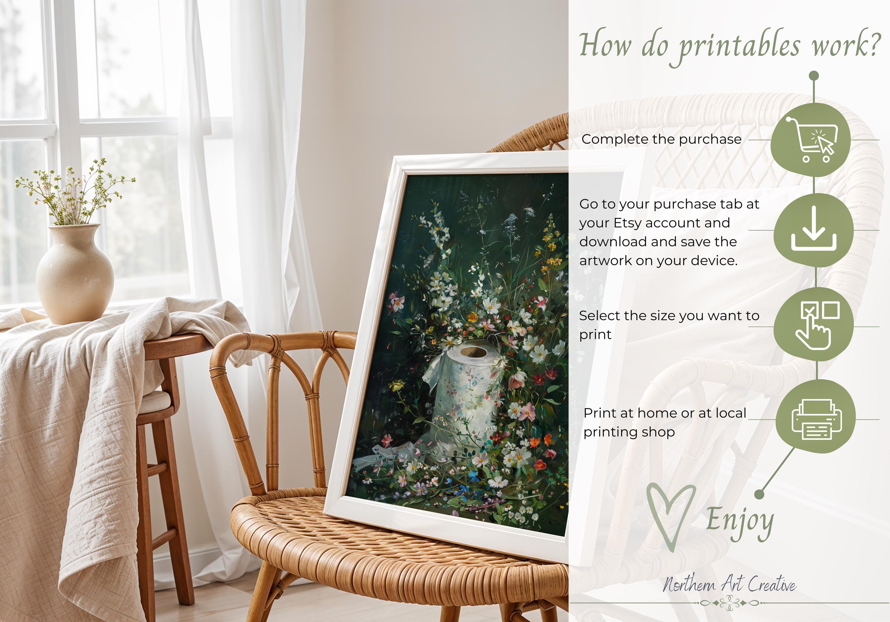 Dark Floral Toilet Paper Roll Print Botanical Bathroom Wall Art Flowers ...