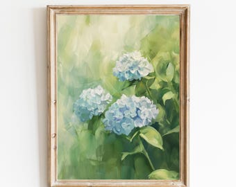 Blue Hydrangea Vintage Oil Painting, Farmhouse Floral Print (Digital Download)