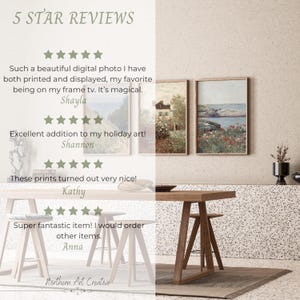 Puede incluir: Cinco estrellas para impresiones de arte digital. Las rese&ntilde;as se muestran en un fondo blanco con una mesa de madera y dos impresiones de arte enmarcadas en el fondo. El texto dice: "Una foto digital tan hermosa que he impreso y exhibido, mi favorita est&aacute; en mi televisor enmarcado. Es m&aacute;gico. Shayla"  "&iexcl;Excelente adici&oacute;n a mi arte de vacaciones! Shannon"  "&iexcl;Estas impresiones quedaron muy bien! Kathy"  "&iexcl;Art&iacute;culo s&uacute;per fant&aacute;stico! Pedir&iacute;a otros art&iacute;culos. Anna"  "Northern Art Creative"
