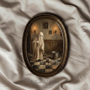 May include: An oval-framed wall art print depicting a white sheet ghost mopping a black and white checkered floor in a dimly lit room with wood paneling, wall sconces, and a metal bucket. The text Northern Art Creative appears at the bottom.