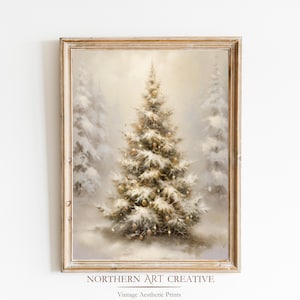 Neutral Christmas Tree Print, Muted Christmas Decor, Vintage Christmas Digital Download, Christmas Wall Art, Moody Printable Painting