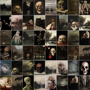 Puede incluir: Un collage de 36 im&aacute;genes que presentan diversas representaciones de cr&aacute;neos, esqueletos y otras im&aacute;genes macabras. Las im&aacute;genes est&aacute;n dispuestas en una cuadr&iacute;cula y se colocan sobre un fondo oscuro.