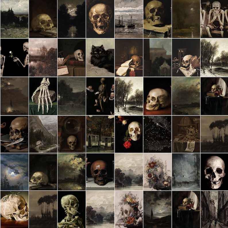 Puede incluir: Un collage de 36 im&aacute;genes que presentan diversas representaciones de cr&aacute;neos, esqueletos y otras im&aacute;genes macabras. Las im&aacute;genes est&aacute;n dispuestas en una cuadr&iacute;cula y se colocan sobre un fondo oscuro.