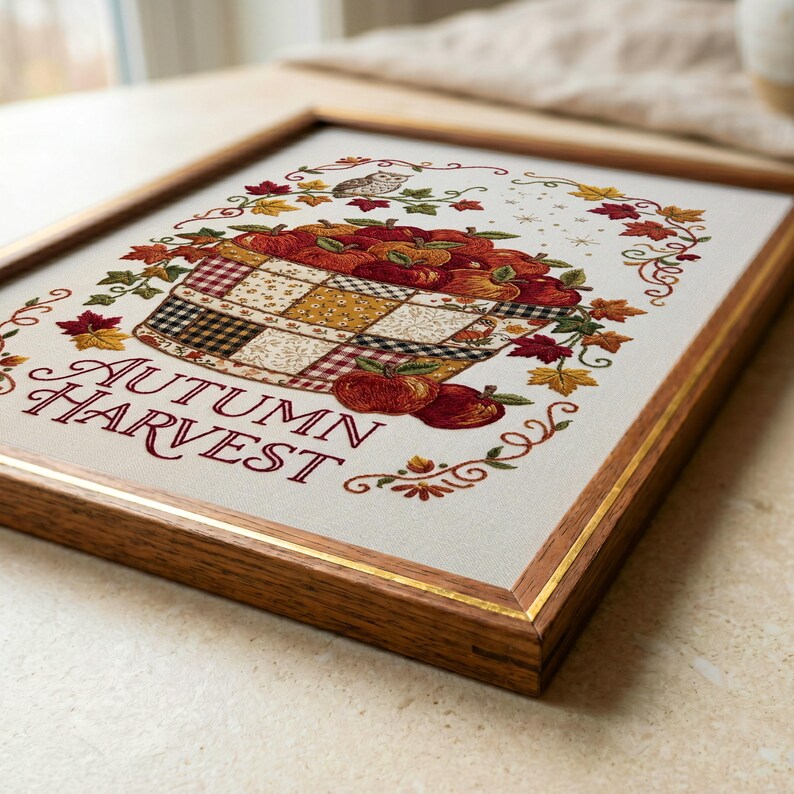 May include: A framed embroidery piece featuring a basket filled with red apples, surrounded by autumn leaves and a small owl. The text AUTUMN HARVEST is stitched in red below the basket. The design is set against a light fabric background.