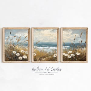 Coastal Widflower Set Of 3 Prints Vintage Summer 3 Piece Wall Art Summer Flowers Gallery Wall Set Botanical Farmhouse Print Landscape Art
