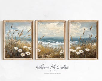 Coastal Widflower Set Of 3 Prints Vintage Summer 3 Piece Wall Art Summer Flowers Gallery Wall Set Botanical Farmhouse Print Landscape Art