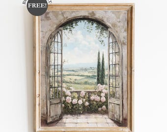 Vintage French Country Printable Wall Art Open Window European Countryside Print Landscape Oil Painting Cottagecore Decor Summer Print