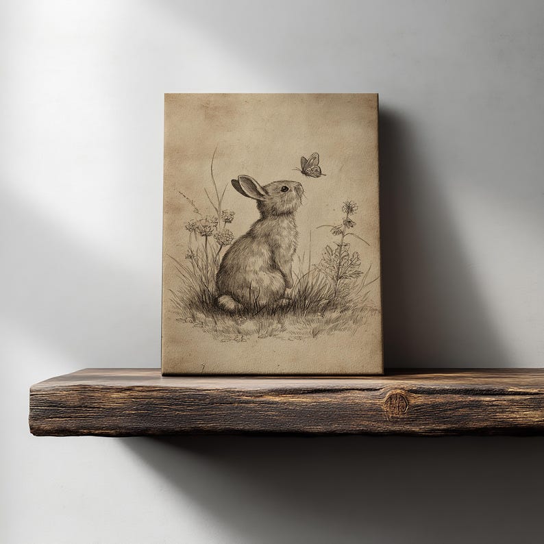 May include: A vintage-style print featuring a detailed pencil sketch of a rabbit gazing at a butterfly. The artwork is set in a field of grass and wildflowers, with a sepia-toned background. The print is displayed on a wooden shelf.