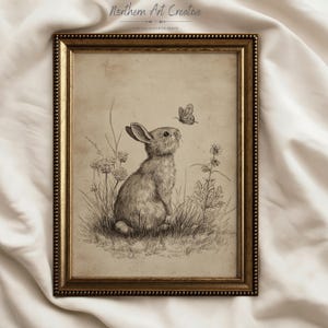 Peut inclure: Une impression vintage encadrée avec un dessin au crayon d'un lapin regardant un papillon. L'œuvre d'art est située dans un champ d'herbe et de fleurs sauvages. Le texte "Northern Art Creative" est en haut.