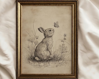 Vintage Bunny Sketch Wall Art: Rabbit & Butterfly Woodland Nursery Easter Print (Digital Download)