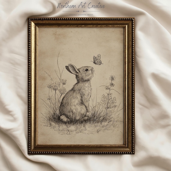Vintage Bunny Sketch Wall Art: Rabbit & Butterfly Woodland Nursery Easter Print (Digital Download)
