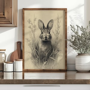 May include: A framed pencil sketch of a rabbit in tall grass. The artwork is in a wooden frame and features a detailed depiction of the rabbit's face and fur. The background includes various plants and grasses, creating a naturalistic scene.