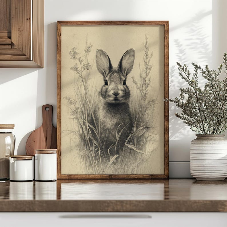 May include: A framed pencil sketch of a rabbit in tall grass. The artwork is in a wooden frame and features a detailed depiction of the rabbit's face and fur. The background includes various plants and grasses, creating a naturalistic scene.