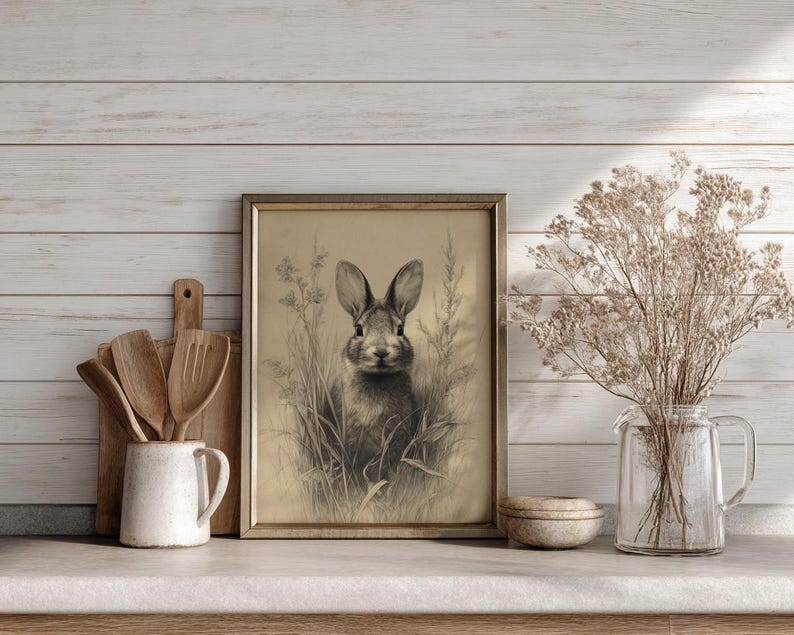May include: A framed pencil sketch of a rabbit in a field of tall grass. The artwork is in a gold-colored frame and is displayed on a light-colored surface. A white ceramic mug with wooden utensils and a glass vase with dried flowers are also on the surface.