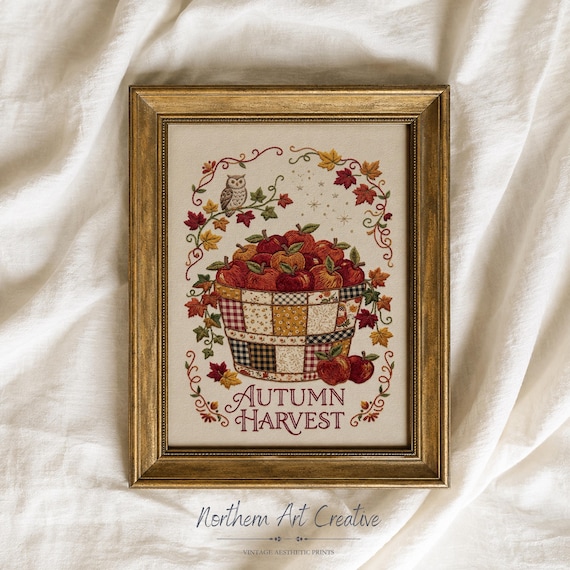 Harvest Season Apple Basket Print, Hand Embroidered Fall Decor (Printable Wall Art)