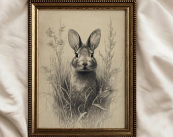 Vintage Bunny Pencil Sketch Wall Art: Antique Easter Etching Print (Printable Wall Art)