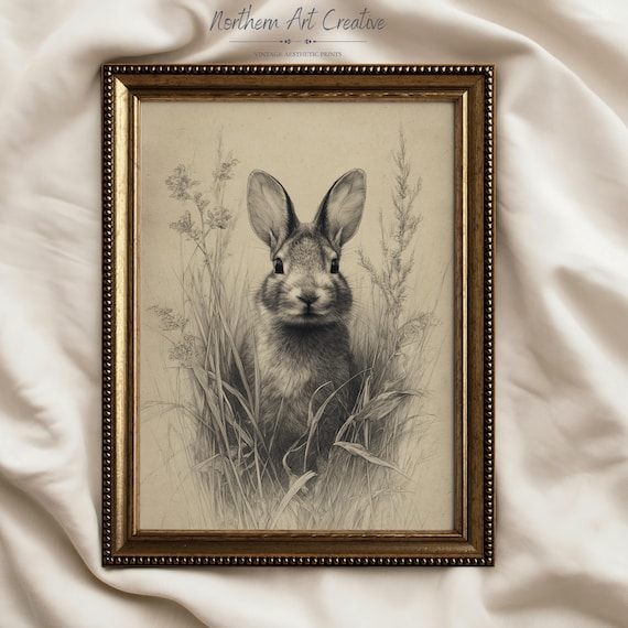 Vintage Bunny Pencil Sketch Wall Art: Antique Easter Etching Print (Printable Wall Art)
