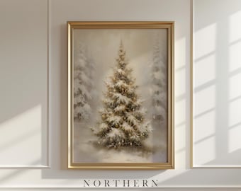 May include: A framed wall art print featuring a snow-covered Christmas tree in a forest setting with muted beige and white tones. The text NORTHERN ART CREATIVE is printed in black at the bottom of the frame, centred below the artwork.