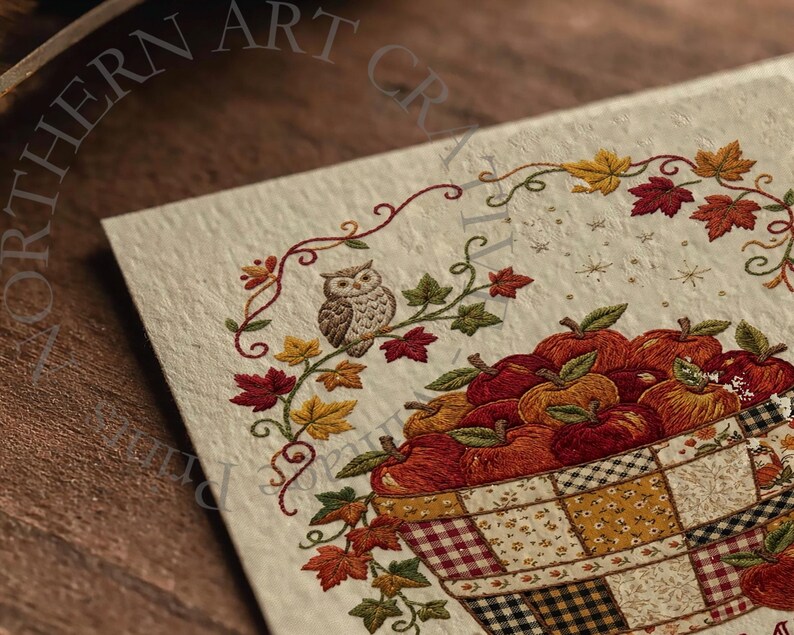 May include: A textured off-white card featuring an embroidered design of a woven basket filled with red and orange apples. An owl sits on a vine branch above the basket, surrounded by colorful autumn leaves and small gold star accents.