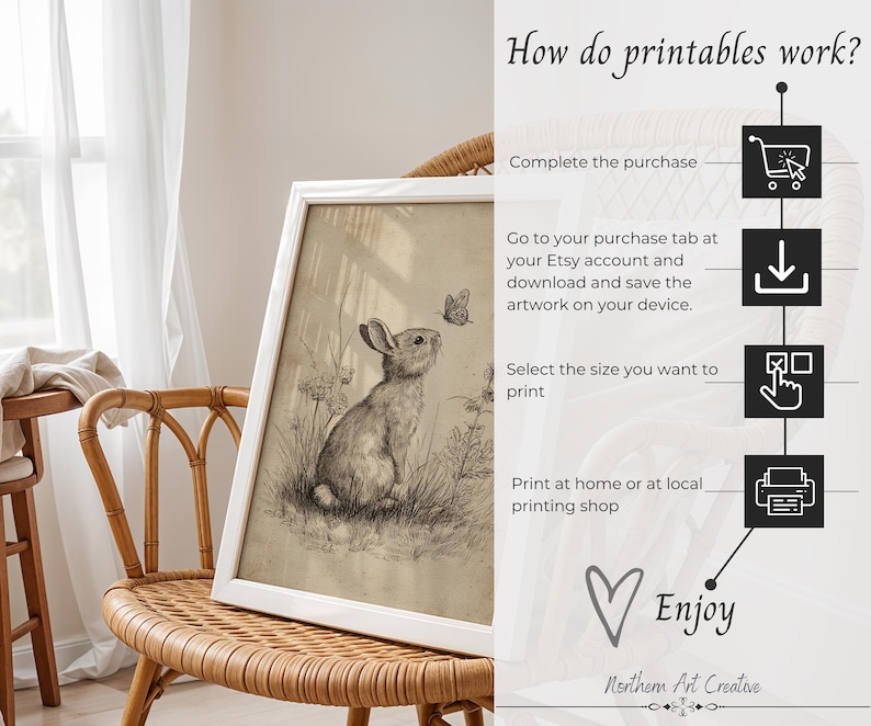 May include: A framed black and white print of a rabbit and butterfly, displayed on a wicker chair. The artwork is in a white frame. Text on the right side explains how printables work, including "Complete the purchase" and "Enjoy".