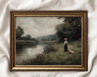 May include: A framed vintage aesthetic print featuring a serene landscape with a boy fishing by a river, accompanied by a dog. The artwork is in a gold frame and has a muted color palette.