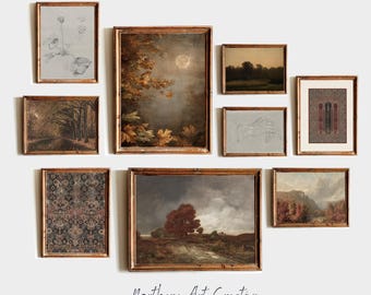 May include: A gallery wall of framed vintage prints, featuring landscape and botanical themes. The collection includes a moonlit scene, a forest, and sketches. The wooden frames are arranged on a white wall, creating a classic aesthetic.