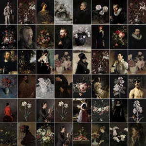 Puede incluir: Un collage de 36 im&aacute;genes que presentan diversas pinturas de personas y flores. Las pinturas est&aacute;n en un estilo oscuro y melanc&oacute;lico y presentan una variedad de colores, incluyendo negro, blanco, rojo y verde.