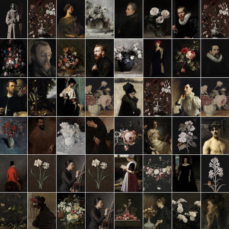 Puede incluir: Un collage de 36 im&aacute;genes que presentan diversas pinturas de personas y flores. Las pinturas est&aacute;n en un estilo oscuro y melanc&oacute;lico y presentan una variedad de colores, incluyendo negro, blanco, rojo y verde.