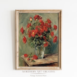 Vintage Red Flowers Wall Art, Antique Floral Wall Decor, Rustic Farmhouse Roses Flowers Printable Painting, Botanical Digital Print