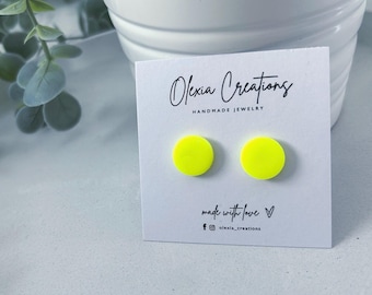 Neon Yellow Polymer Clay Stud Earrings: Handmade Matte Jewelry