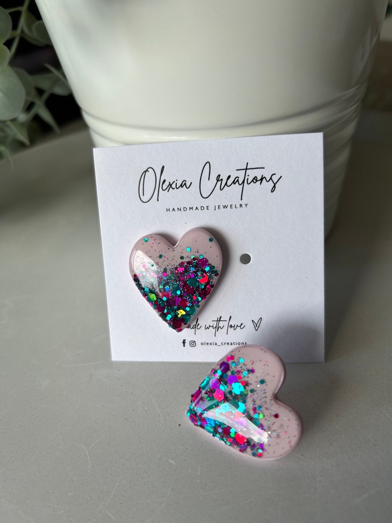 Glitter and Sequins Big Heart stud earrings. Size 30 mm. Cool Birthday Gift for Her Wife Girlfriend. zdjęcie 1
