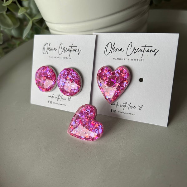 Glitter and Sequins Big Heart stud earrings. Size 30 mm. Circular shaped earrings Size 22 mm. Cool Birthday Gift for Her Wife Girlfriend.