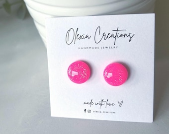 Neon Pink Glitter Stud Earrings: Handmade Polymer Clay