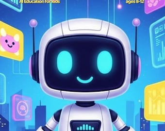 Può includere: Copertina di un libro con un robot dei cartoni animati. Il titolo è "How AI Thinks: Inside the Mind of a Robot", con "AI Education for kids" e "età 8-12" sotto. Il robot è bianco con occhi blu e un viso sorridente.