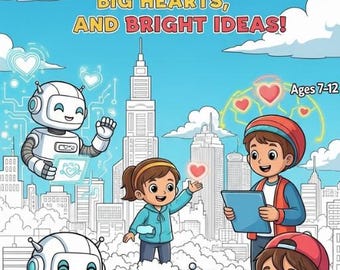 May include: A children's coloring book cover titled "AI Heroes Coloring Book: Smart Robots, Big Hearts, and Bright Ideas!" featuring cartoon robots, children, and hearts against a cityscape background. The book is for ages 7-12.