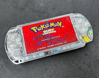 Custom Upgraded Clear Transparent Sony PlayStation Portable PSP with USB Charger Modded with Emulators and more. Pokemon GBA Mario and more