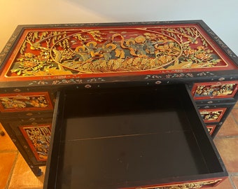 Chinese Desk. Table. Carved and Partially Gilded. Antique