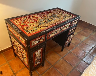 Chinese desk. Table.  Carved and partially gilded. Antique.