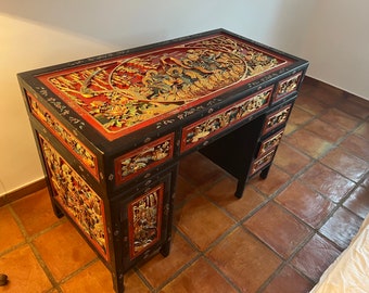 Chinese desk. Table.  Carved and partially gilded. Antique.