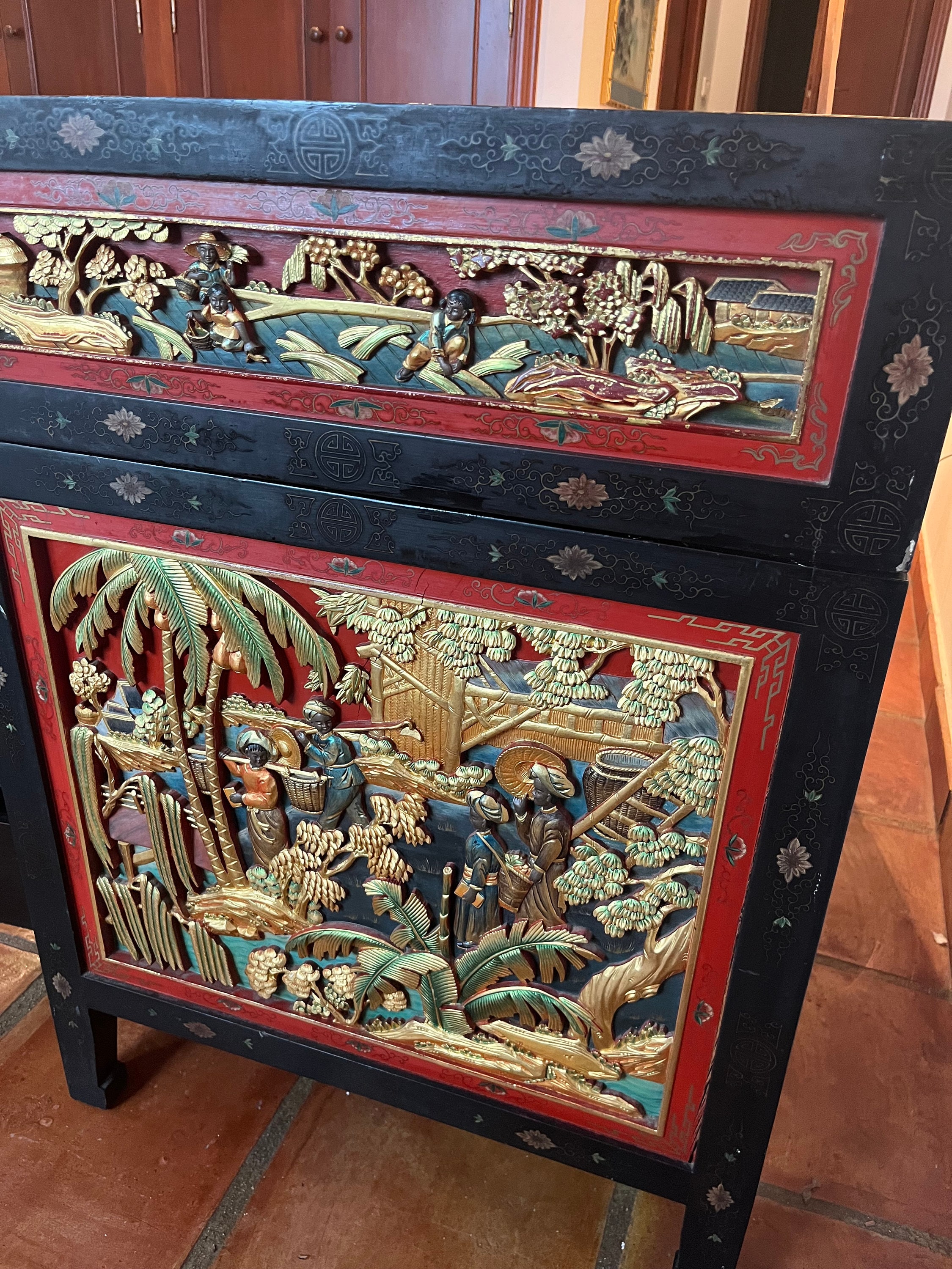 Chinese Desk. Table. Carved and Partially Gilded. Antique