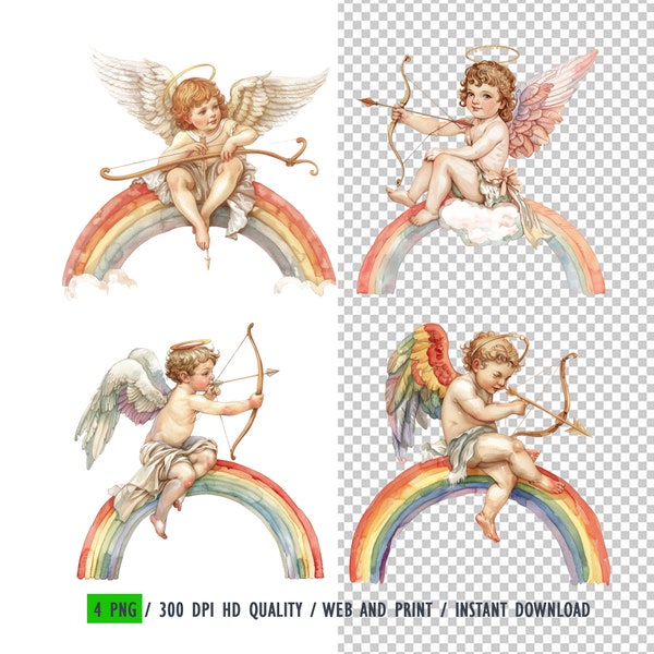 Cupid with Rainbow Watercolor, Cupid Arrow and Halo Sitting on Rainbow, Vintage Cherub PNG, Transparent High Res for Print Dye Sub etc.