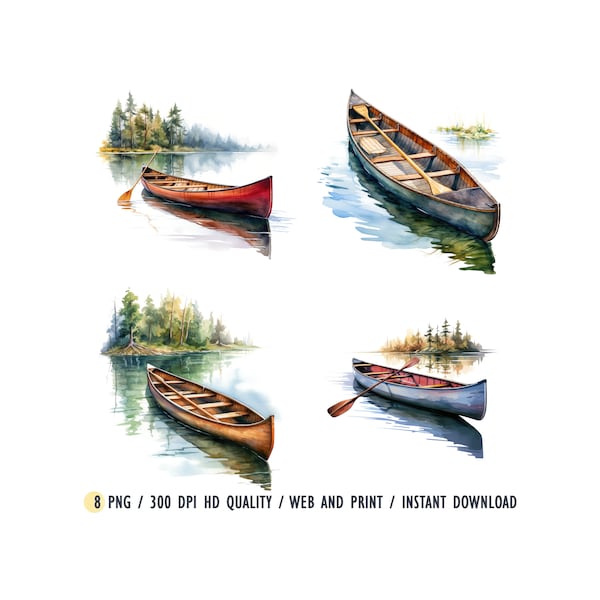 Watercolor Art Canoe in Lake, Canoe in Lake Clipart, High Quality PNG, Digital art Download - Instant download, Vintage Canoe Clipart