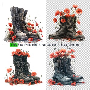Gedenktag, Aquarell Schwarze Kampfstiefel mit Scharlachroten Mohnblumen PNG, Mohnblumen Clipart, Dateien Sublimation, digitale Downloads